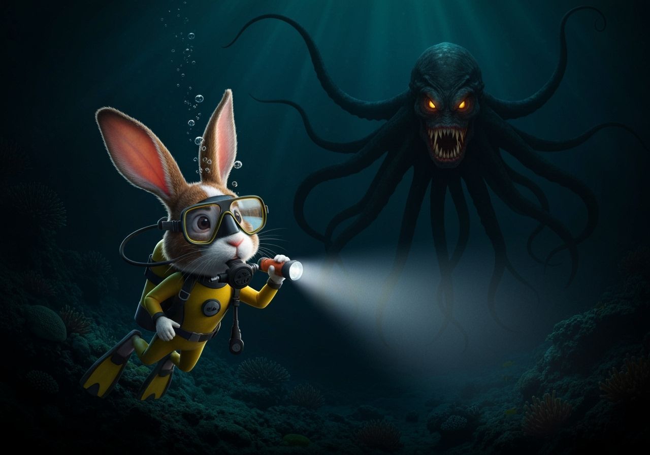 Rabbit Scuba Diver Unaware of Sea Monster