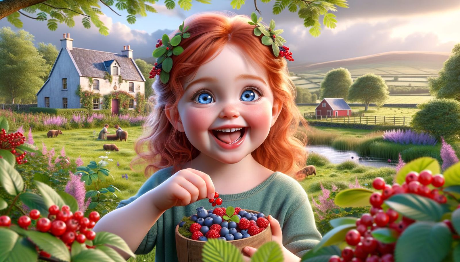 Joyful Irish Girl Berry Picking: 3D Octane Render