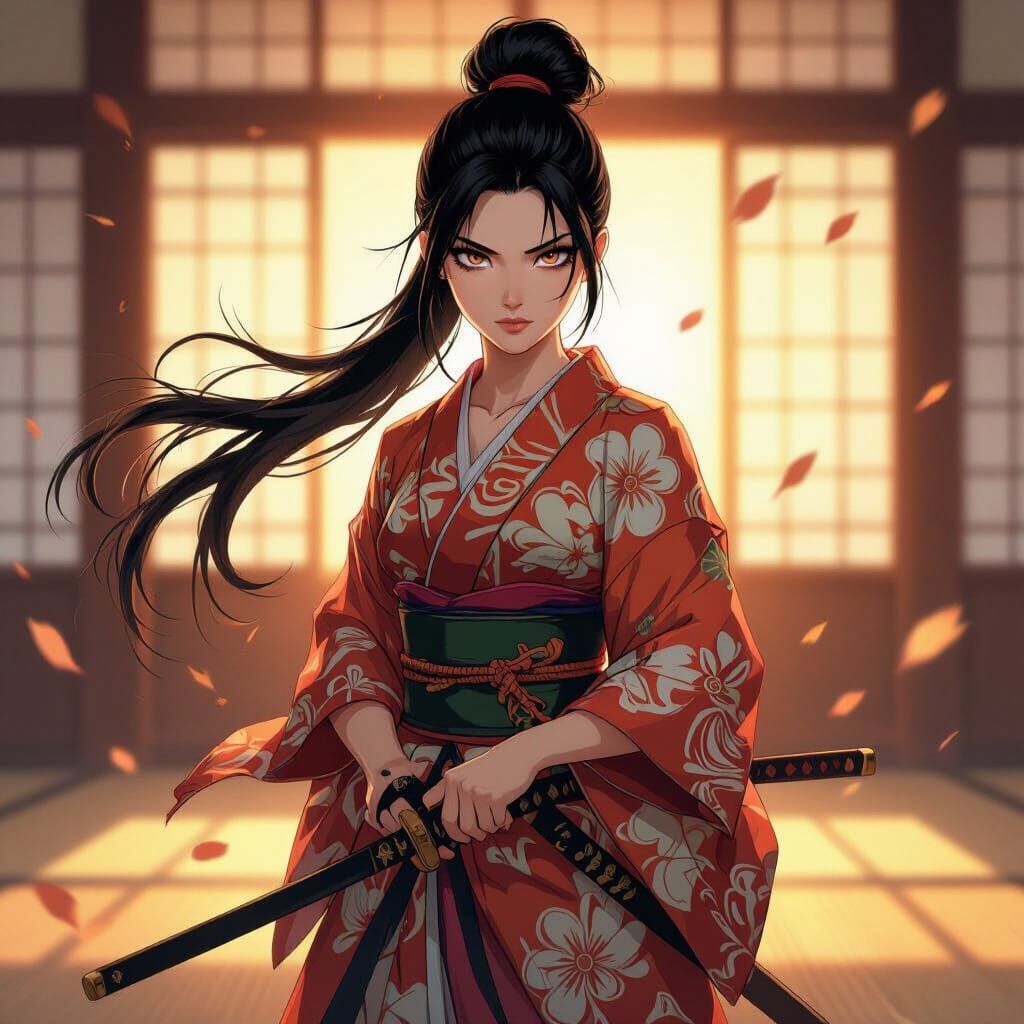 Japanese Martial Artist in Dynamic Kimono Stance