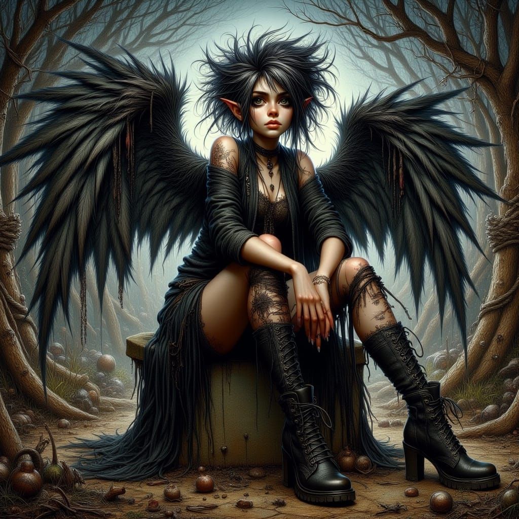 Spooky Emo-Gothic Dark Angel on Tombstone
