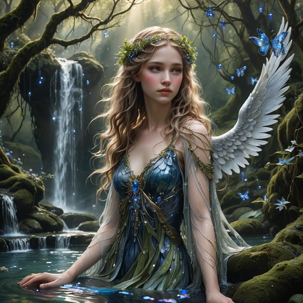 Ethereal Angel Above Enchanted Pool in Synthwave Style