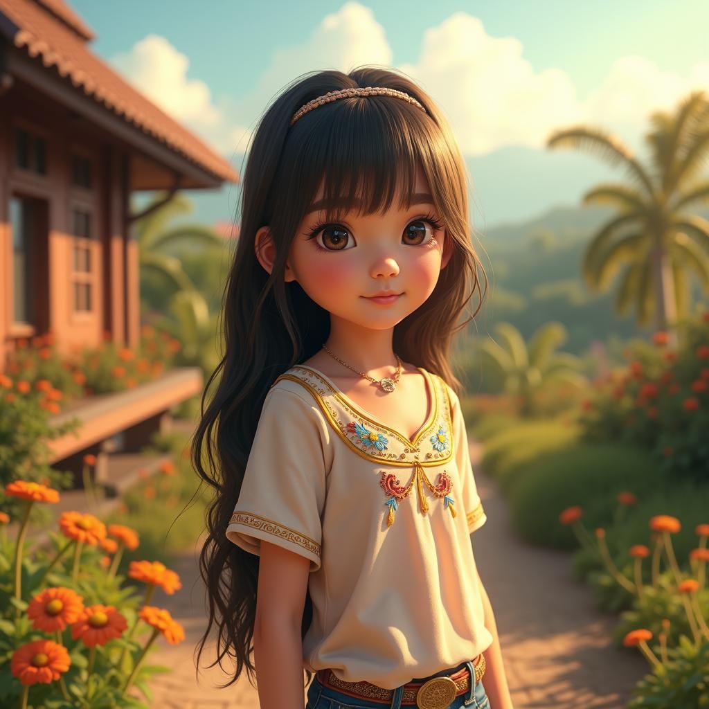 Indonesian Girl in Rural Landscape: 8K Photorealism