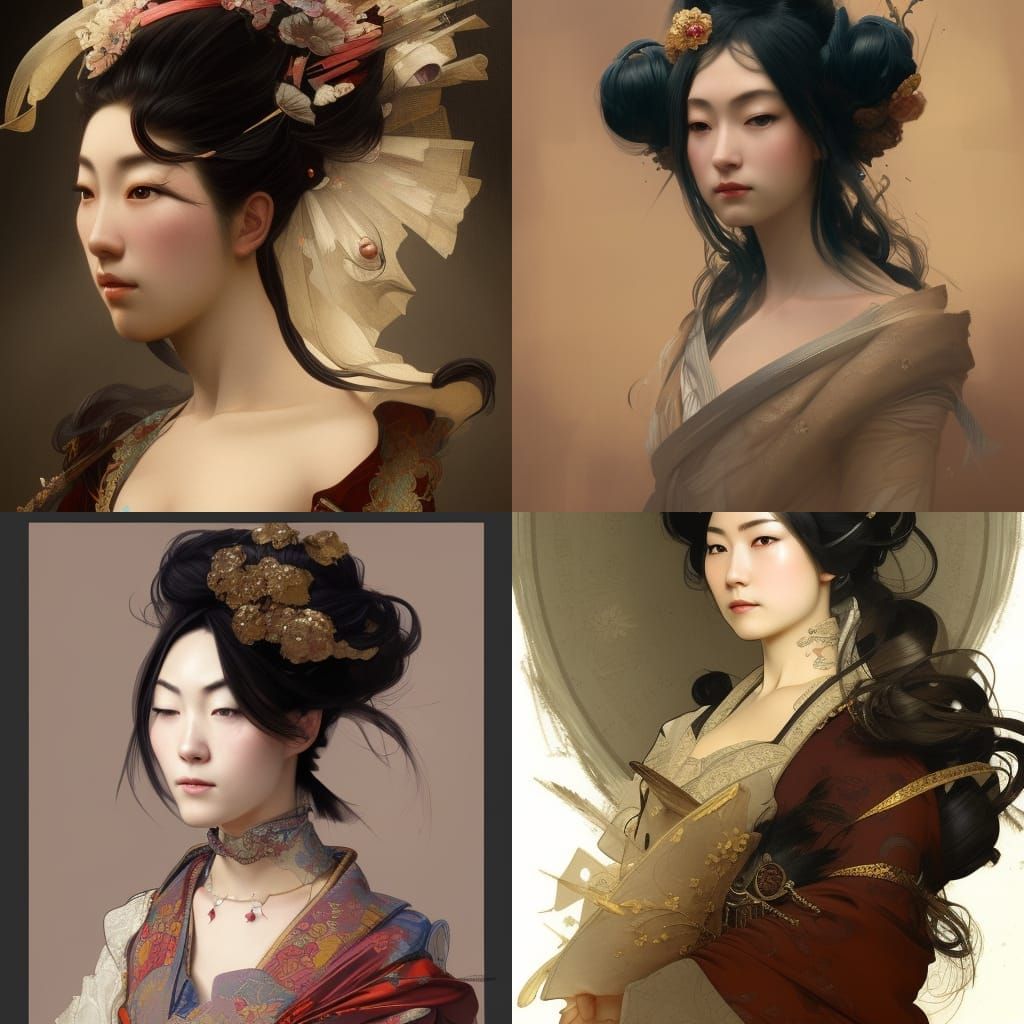 Japanese Lady
18th Century
Elaborate Hair and Costume
High Detail and definition head and shoulders portrait, 8k resolu...