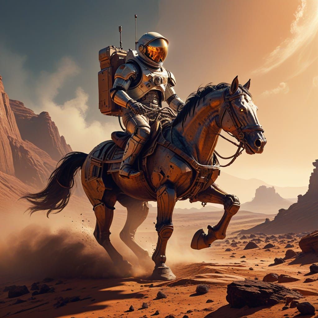 Astronaut Rides Robot Horse on Mars at Sunrise