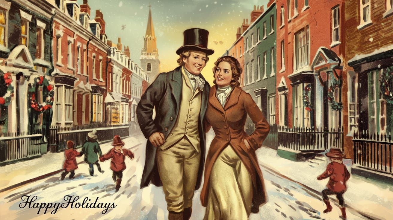 Happy Victorian Couple Strolls London Streets on a Winter's....