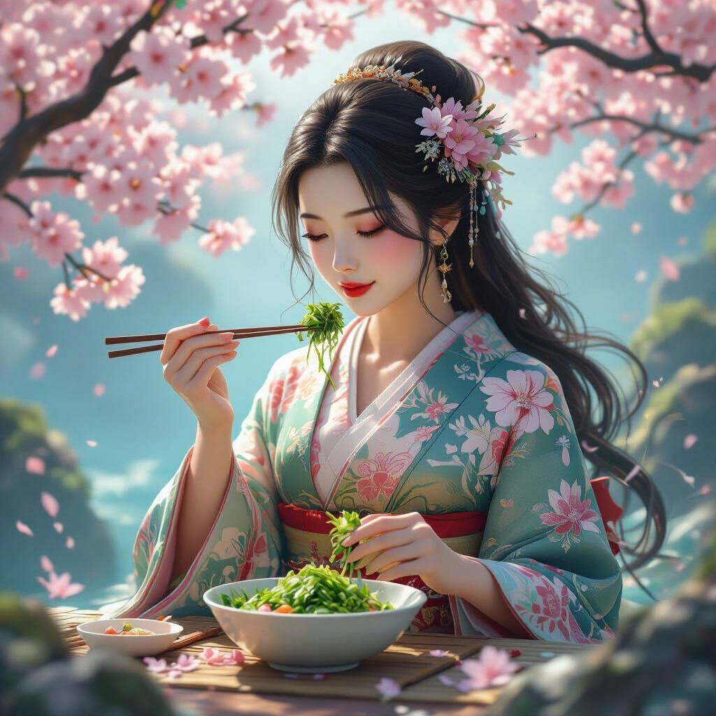 Japanese Mermaid in Kimono Eats Salad Among Sakura Trees