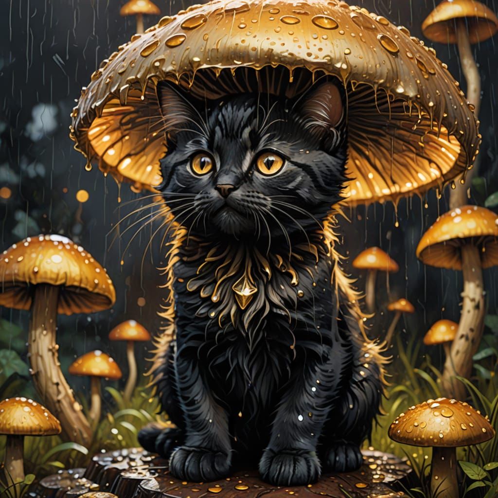 Kitten Under Glowing Mushroom in Expressive Ink Illustration