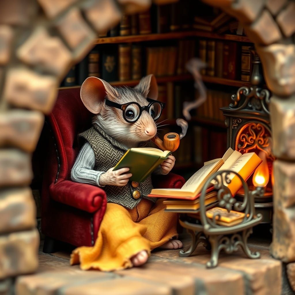 Cozy Miniature Library Scene with Grandpa Mouse