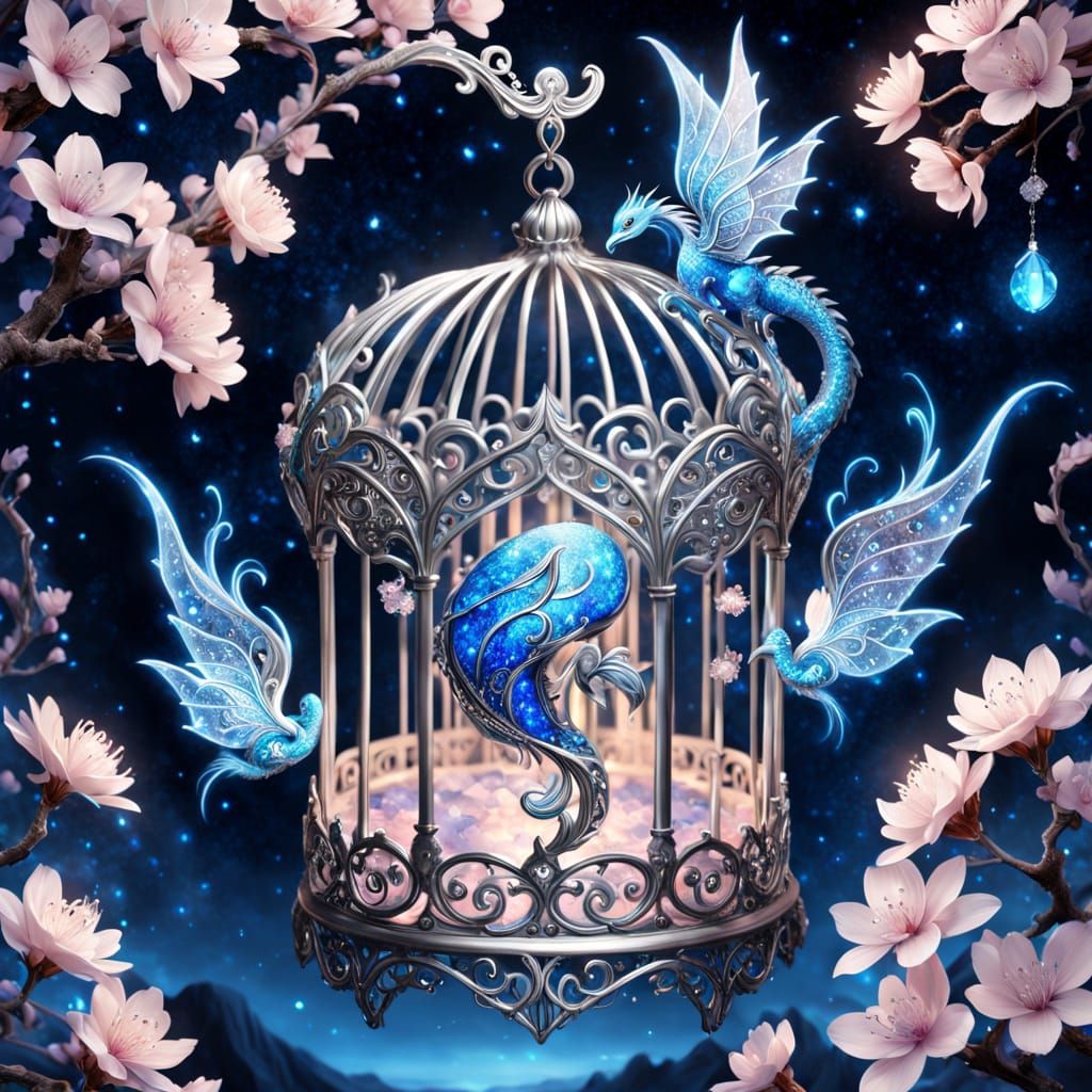 Enchanted Dragon in Gemstone Birdcage Under Starlit Cherry B...