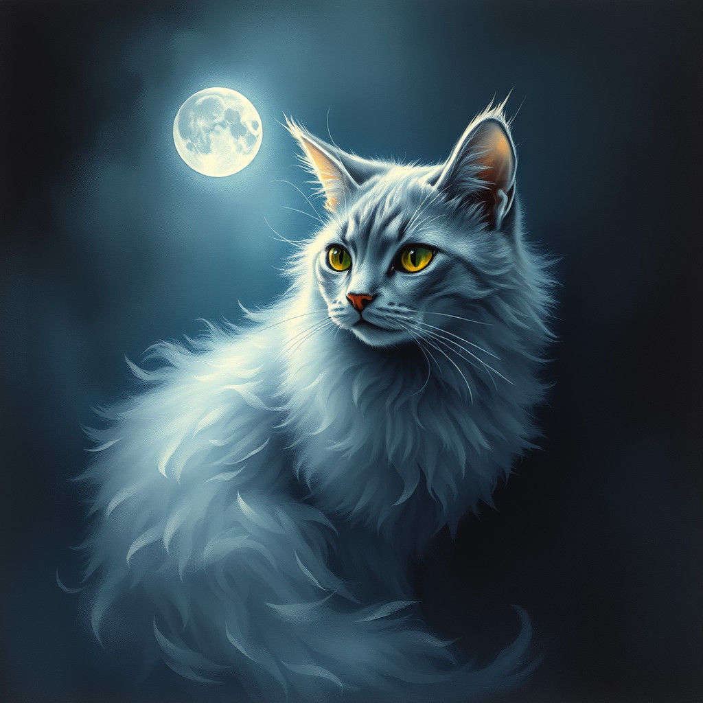 Mystical Gray Cat in Moonlight: Surreal Watercolor