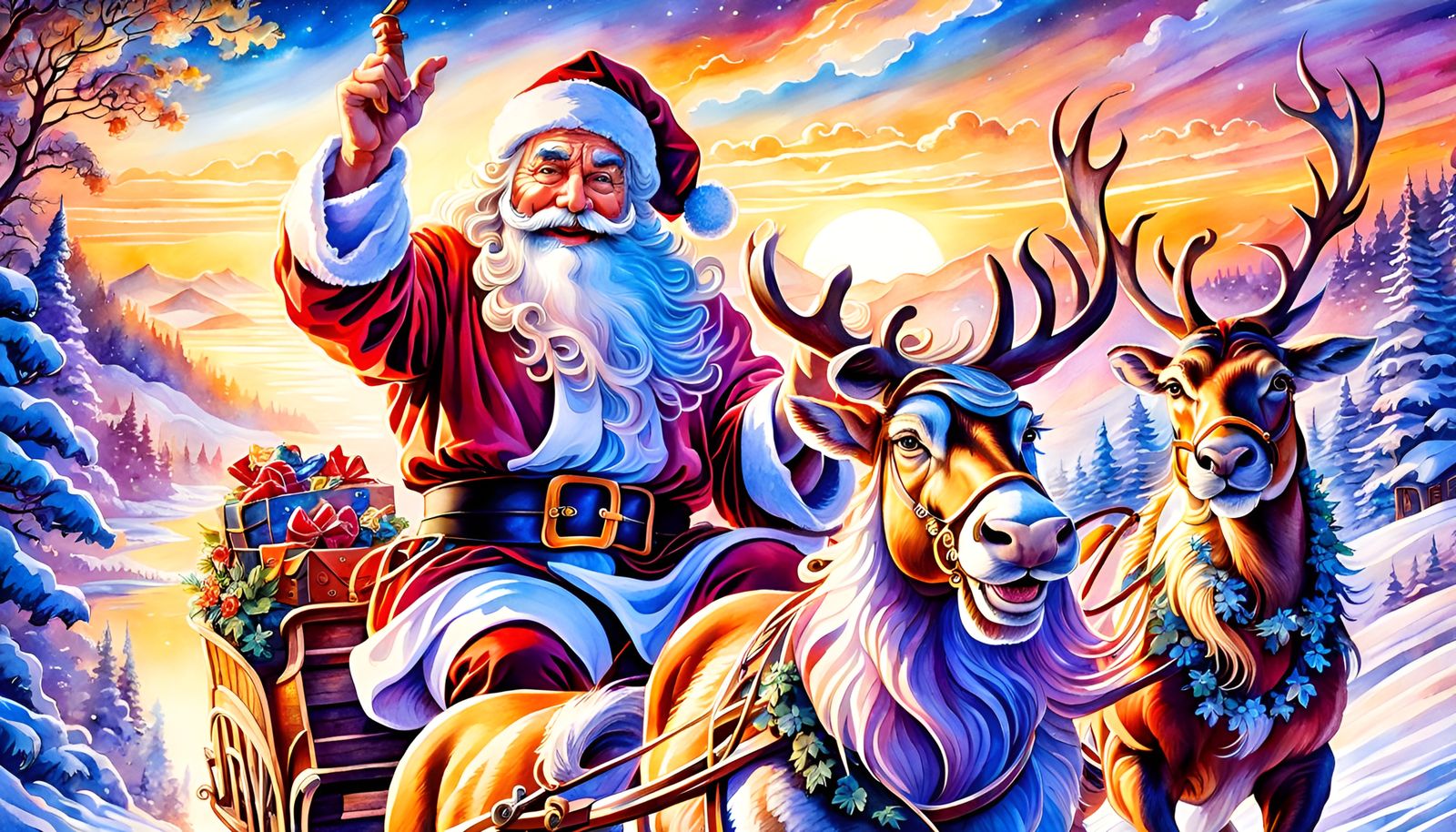 Santa Claus Sleigh Ride Watercolor Illustration