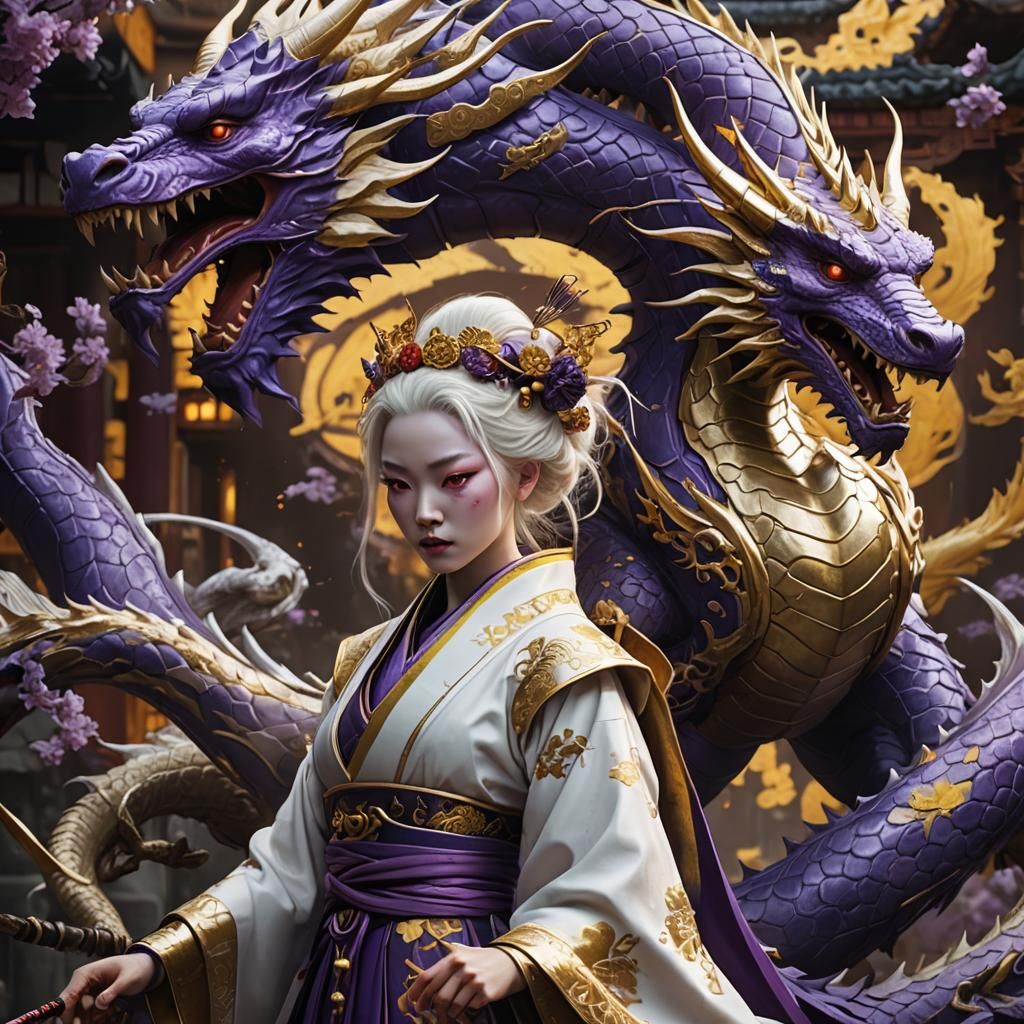 Albino Geisha and Dragon in Dark Fantasy Style