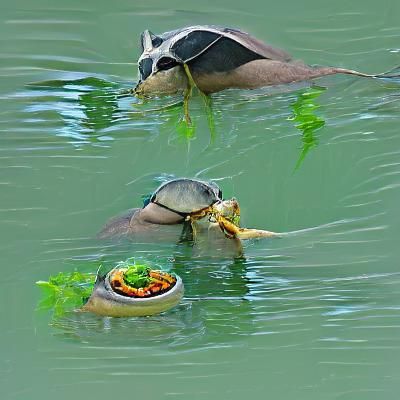 Two Sea Turtles Sharing a Meal