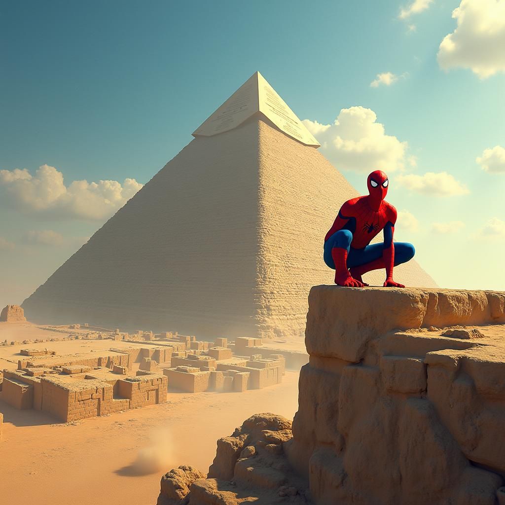 Spiderman on Egyptian Pyramid in Neo-Futuristic Style