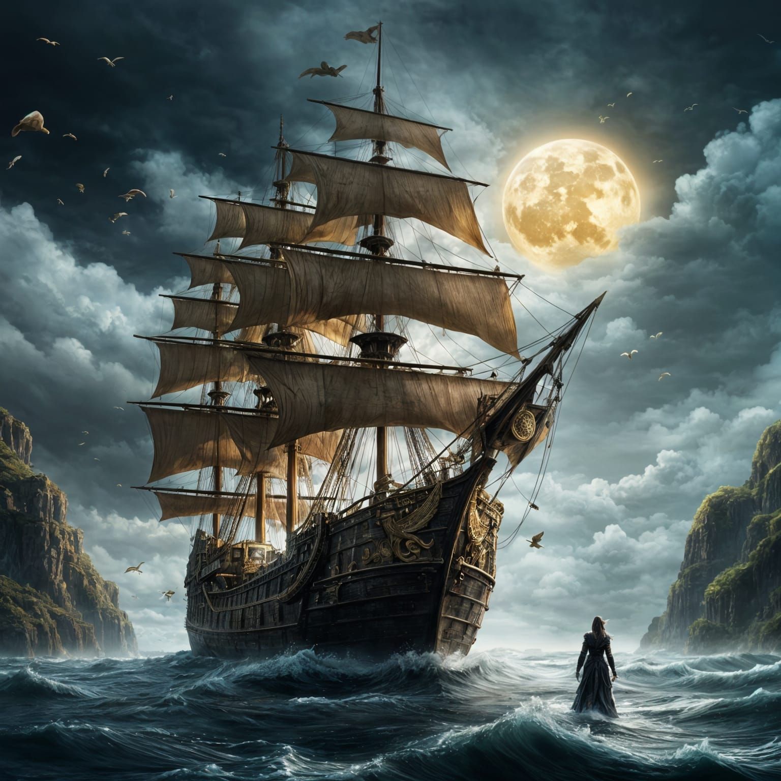 Ghostly Gold Galleon Sails Alone: Digital Matte Painting