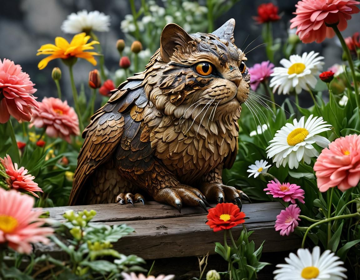 Hyperrealistic Cat, Toad, Eagle, and Sparrow with Flowers