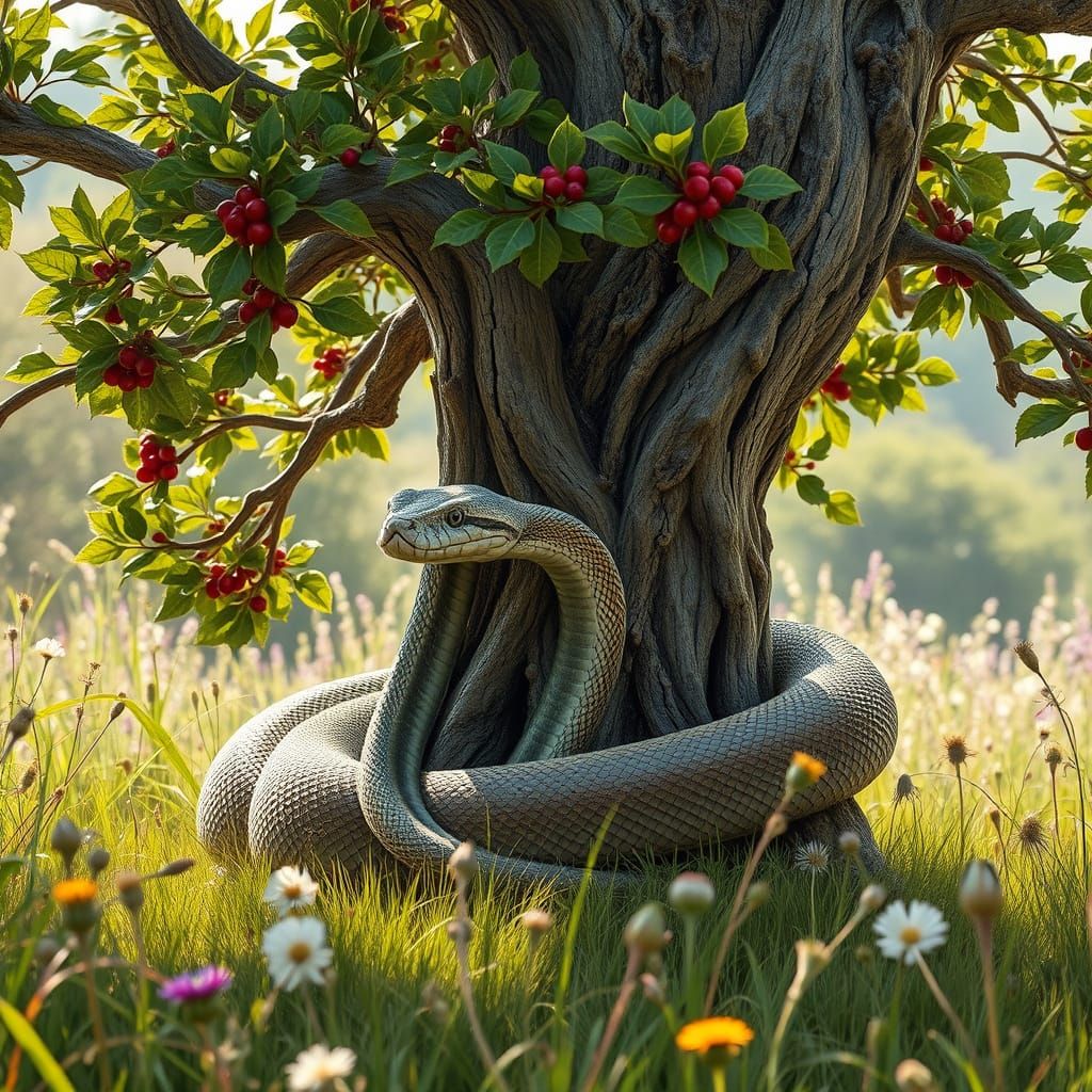 Majestic Snake Enwreathed Around Holly Tree of Life in Lush ...