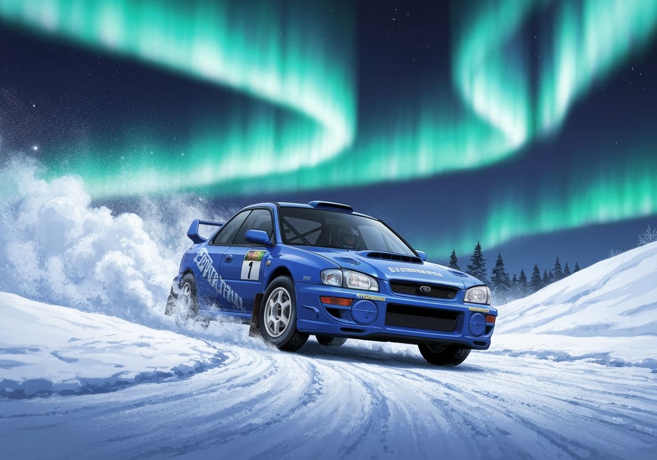 Blue Subaru Impreza Rally Under Northern Lights