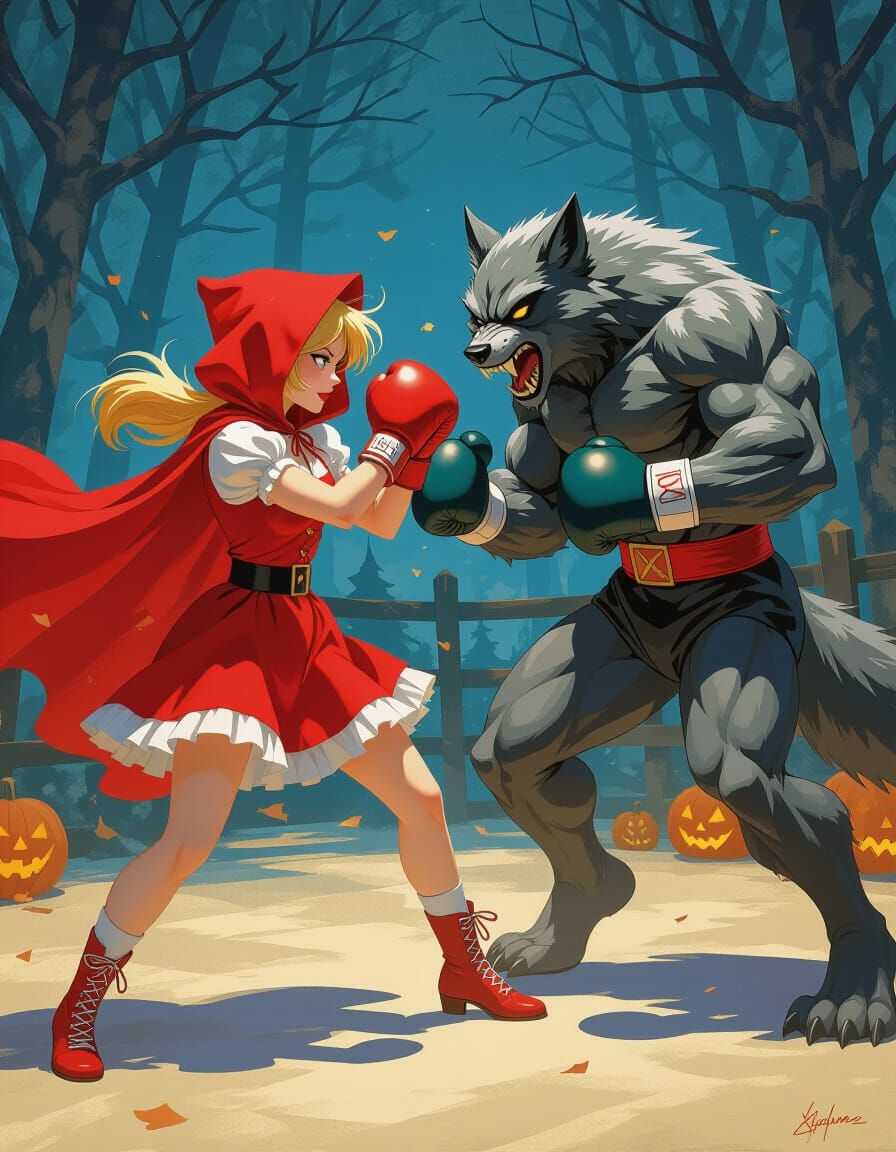 Red Riding Hood Boxer Fights Werewolf on Halloween
