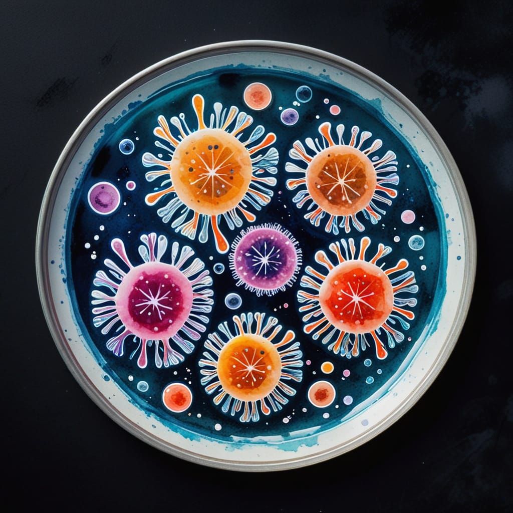 Playful Cells Dancing in Abstract Petri Dish, Watercolor Sty...