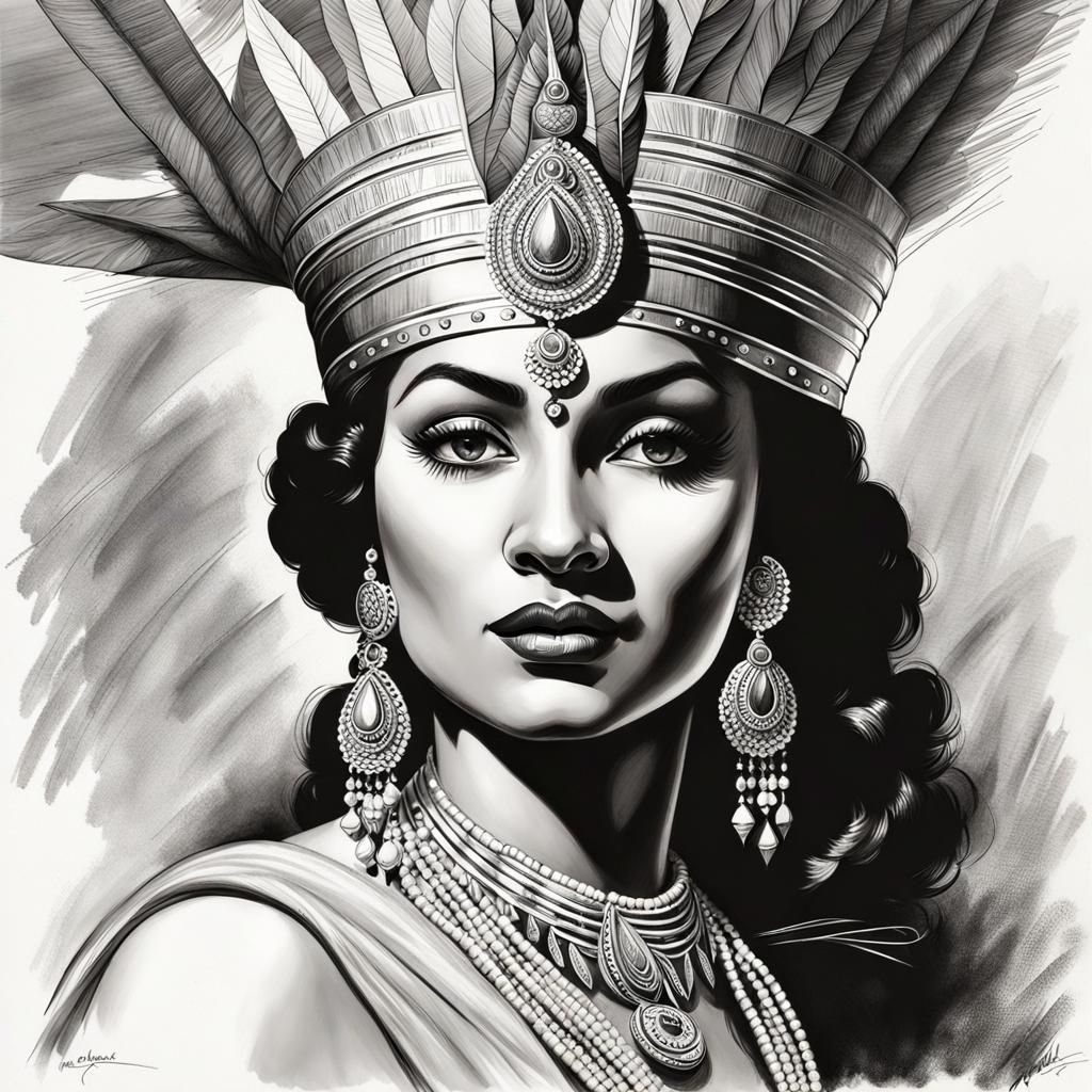 Minimalist Indian Queen Portrait in Pencil Sketch Style