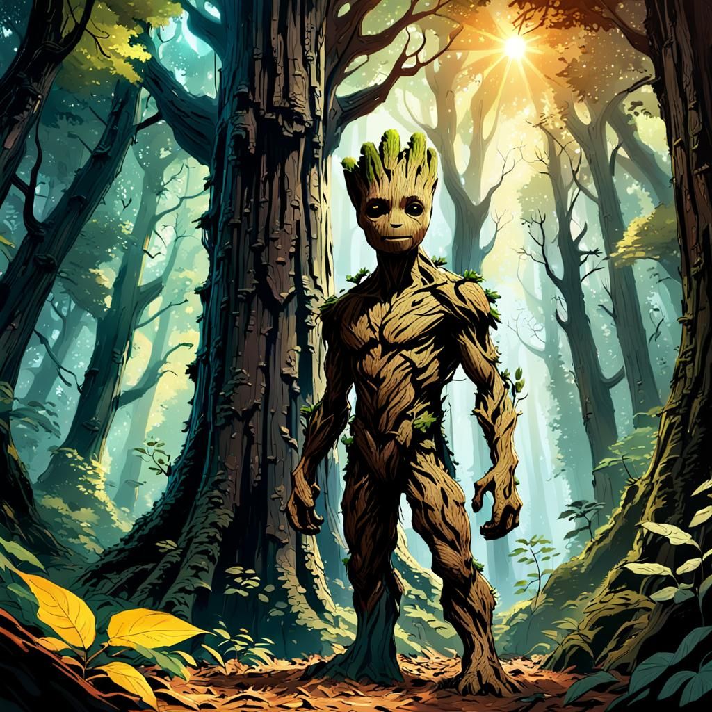 Groot in Ancient Forest: Digital Matte Painting