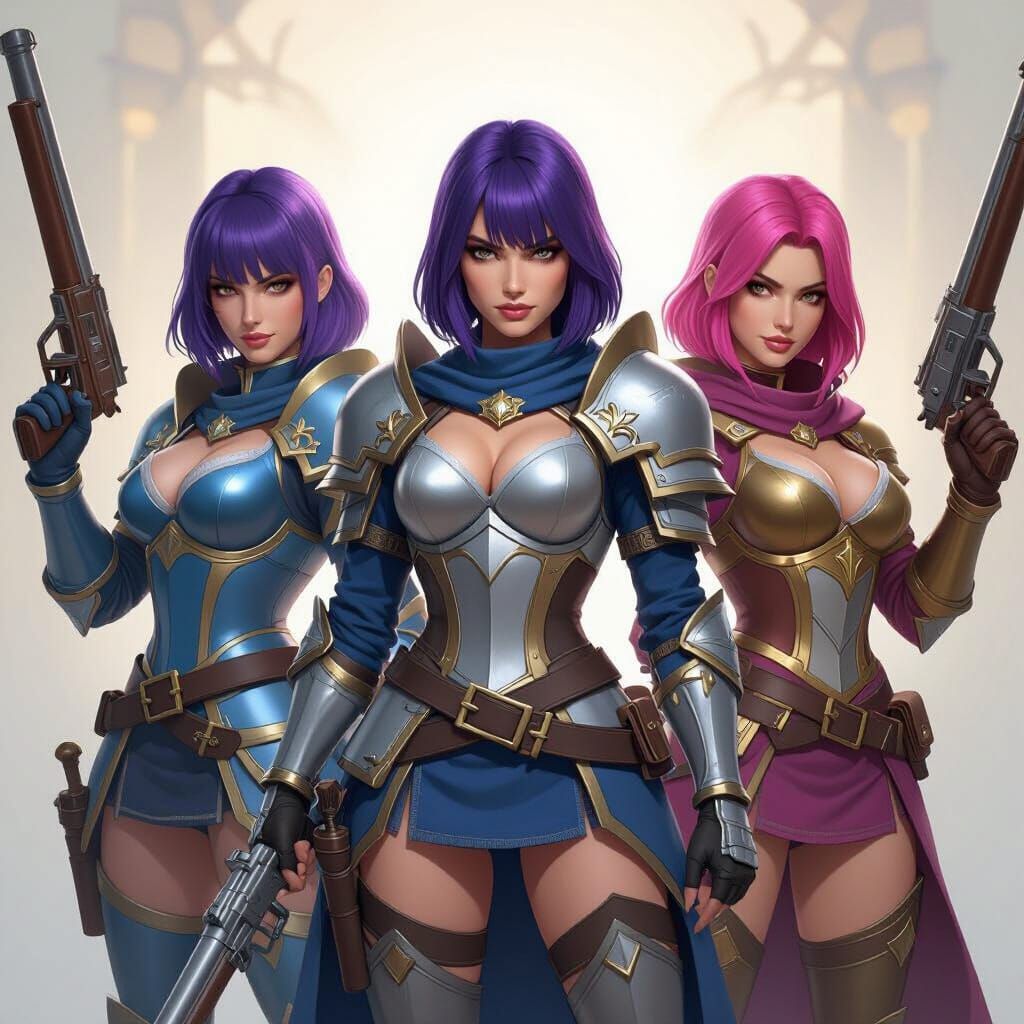 Realistic Women Warriors in Detailed Blue, Silver, Gold Armo...