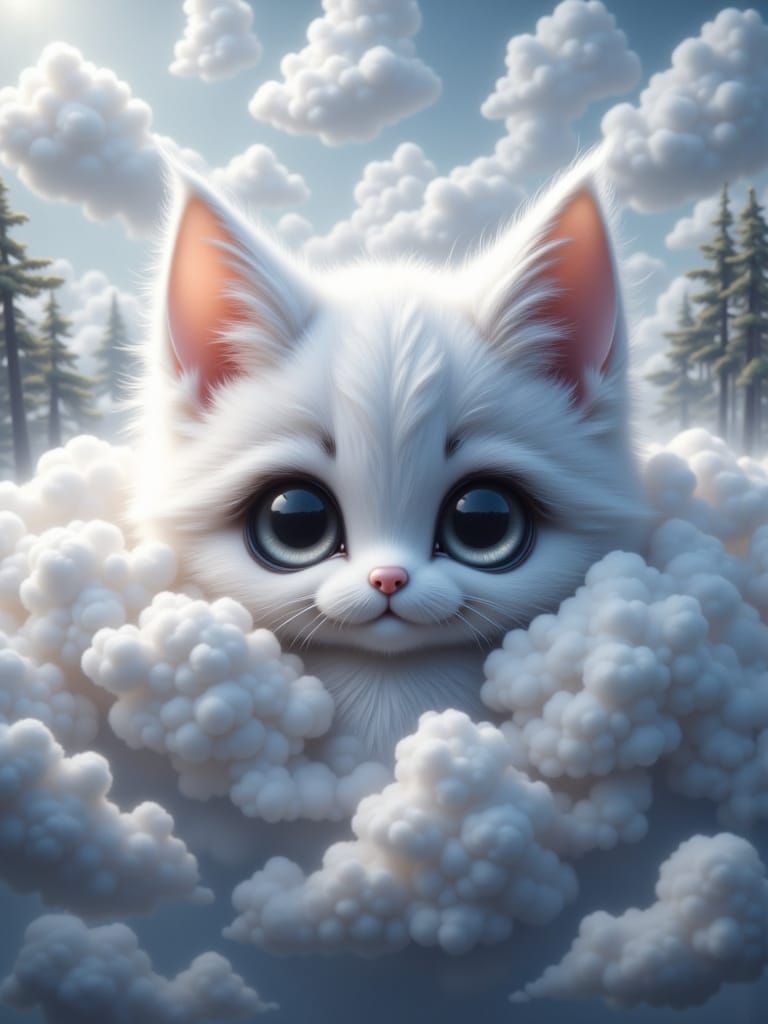 Fluffy Cloud Kitten Chibi Portrait
