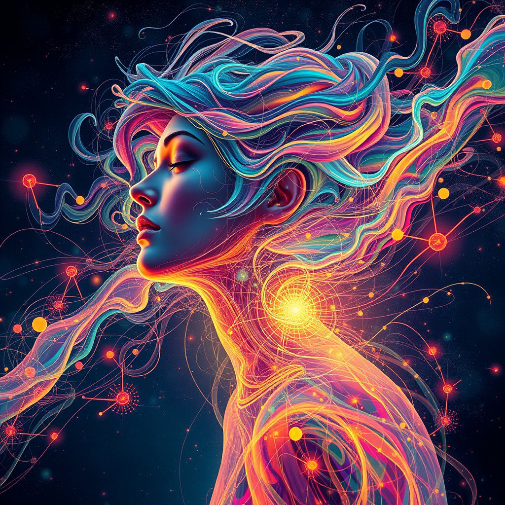 Woman Made of Swirling Iridescent Atoms