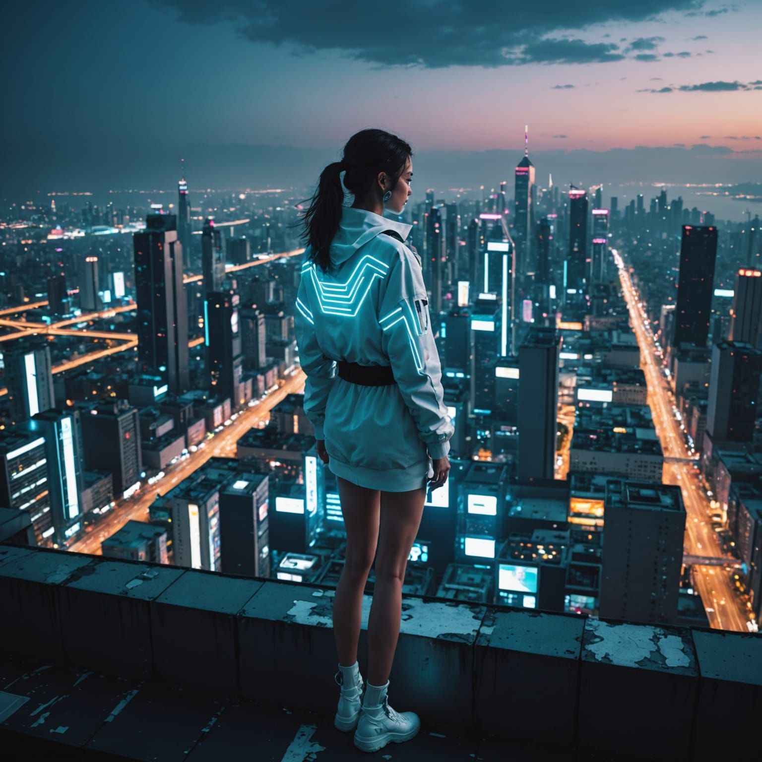 Cyberpunk Goddess Overlooks Futuristic Metropolis