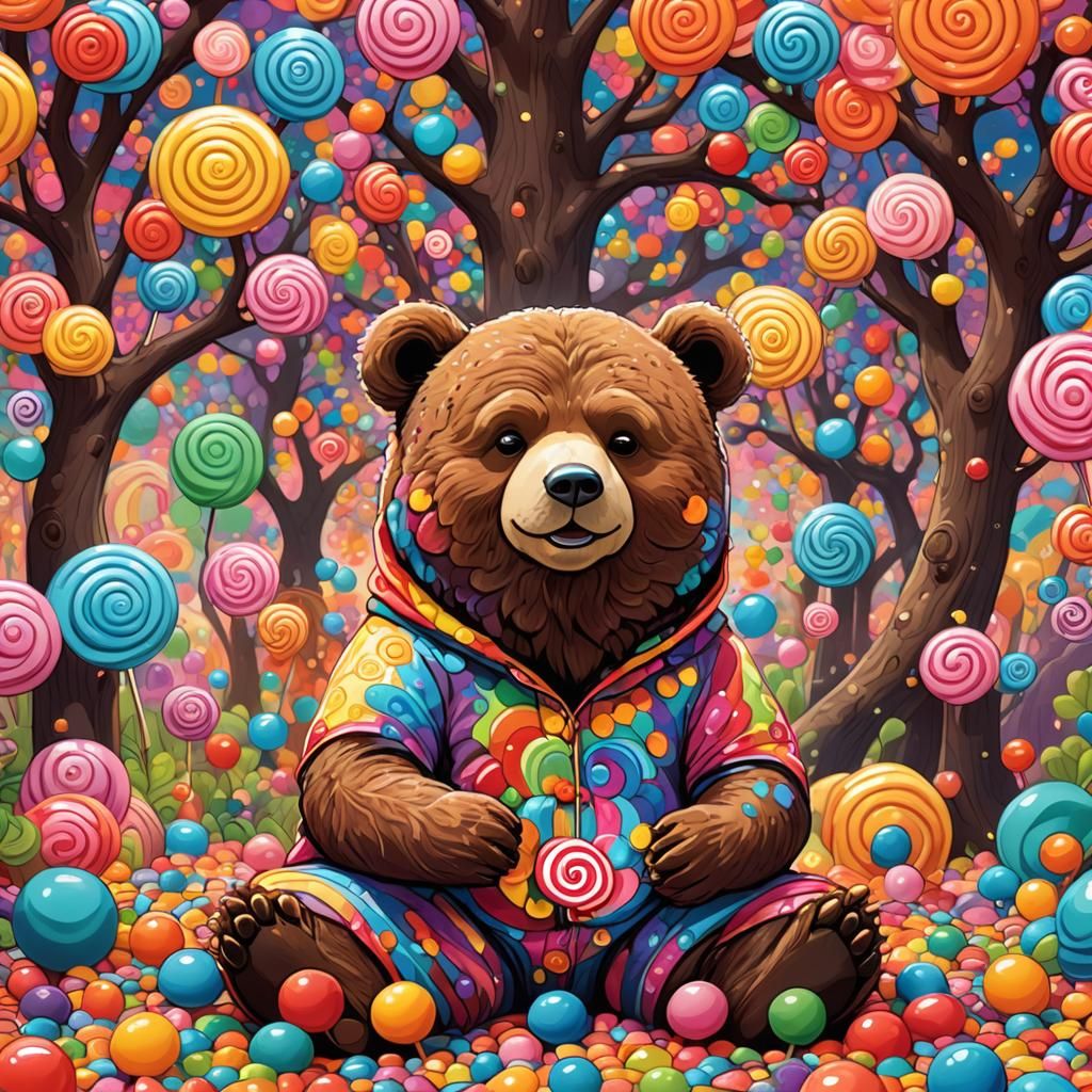 Bear Yogi Meditating in Candyland: Murakami-Inspired Digital...
