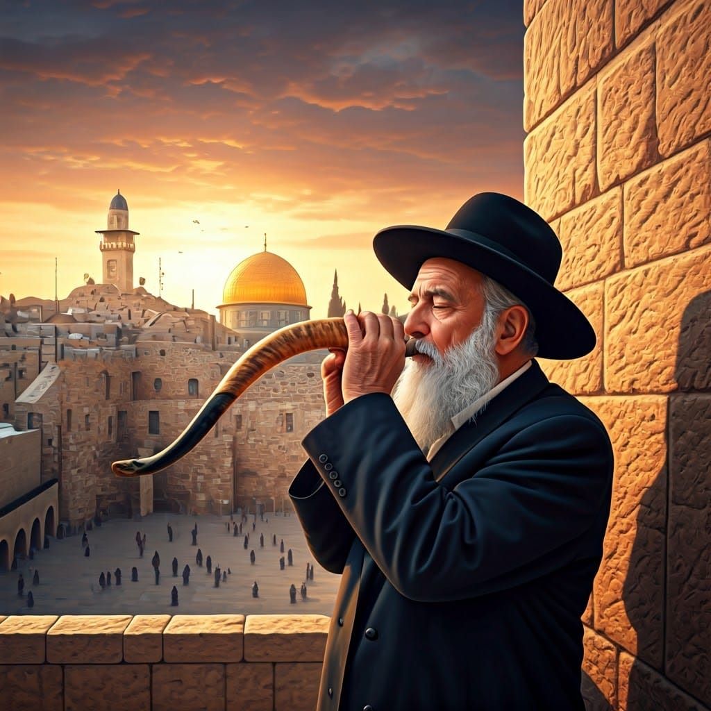 Rabbi Blowing Shofar at Western Wall in Jerusalem