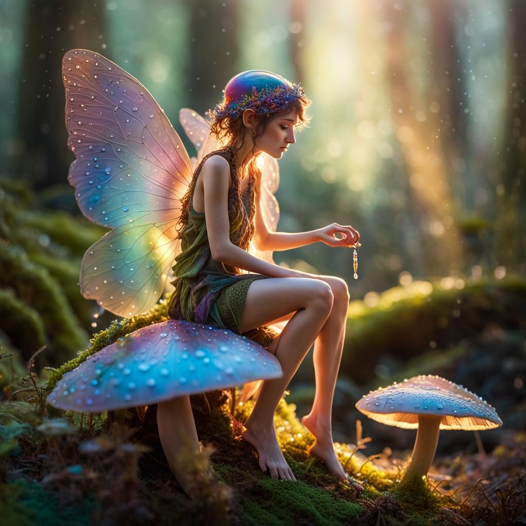 Fairy on Mushroom in Forest, Art Nouveau Style