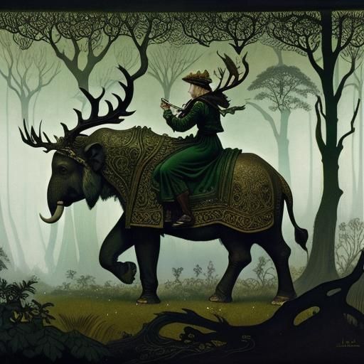 Majestic Elephant with Antlers in Forest