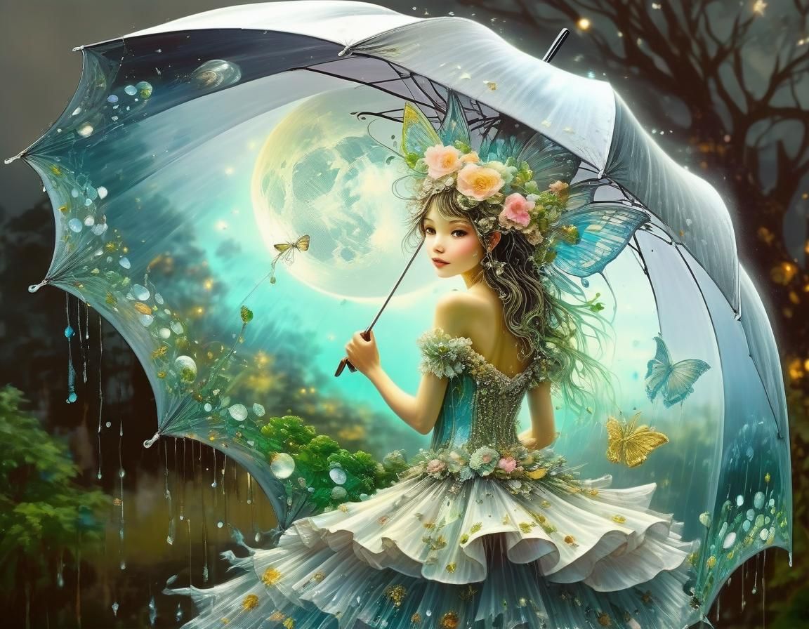 Bioluminescent Moon Fairy with Umbrella: Oil Painting