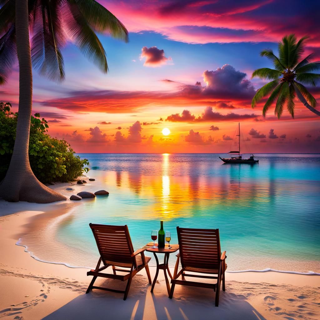 Romantic Maldives Sunset with Wine, Hyperrealistic Style
