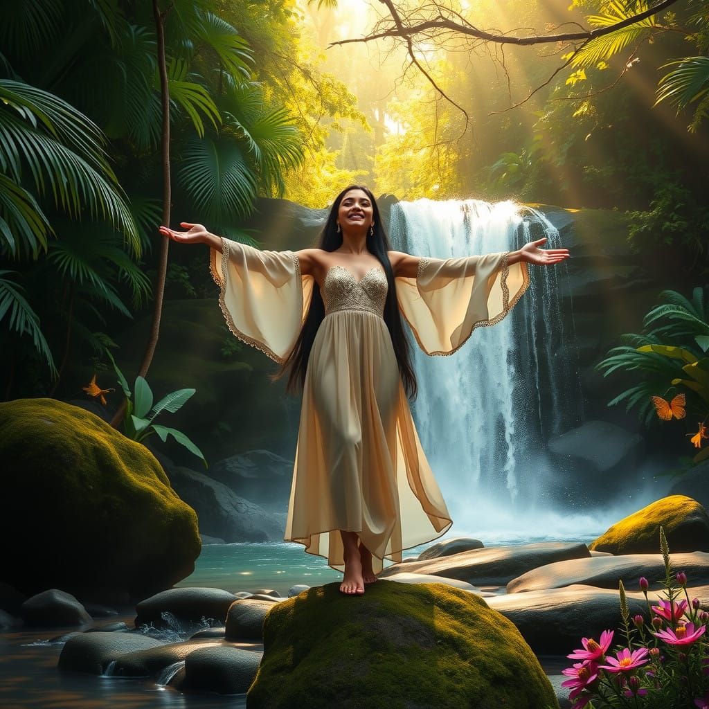 Young Woman Embracing Serenity by Cascading Waterfall