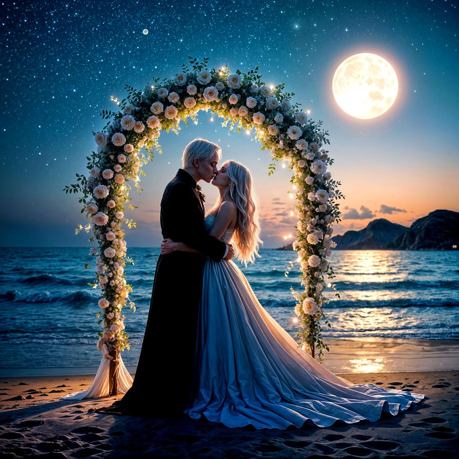 Romantic Beach Wedding Night in a Dreamlike Atmosphere