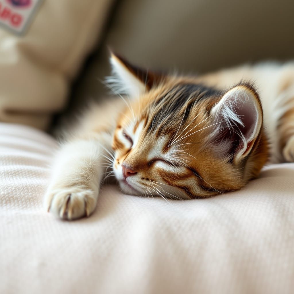 Kitten Snoozes on a Plush Pillow in Cozy Pastel Hues