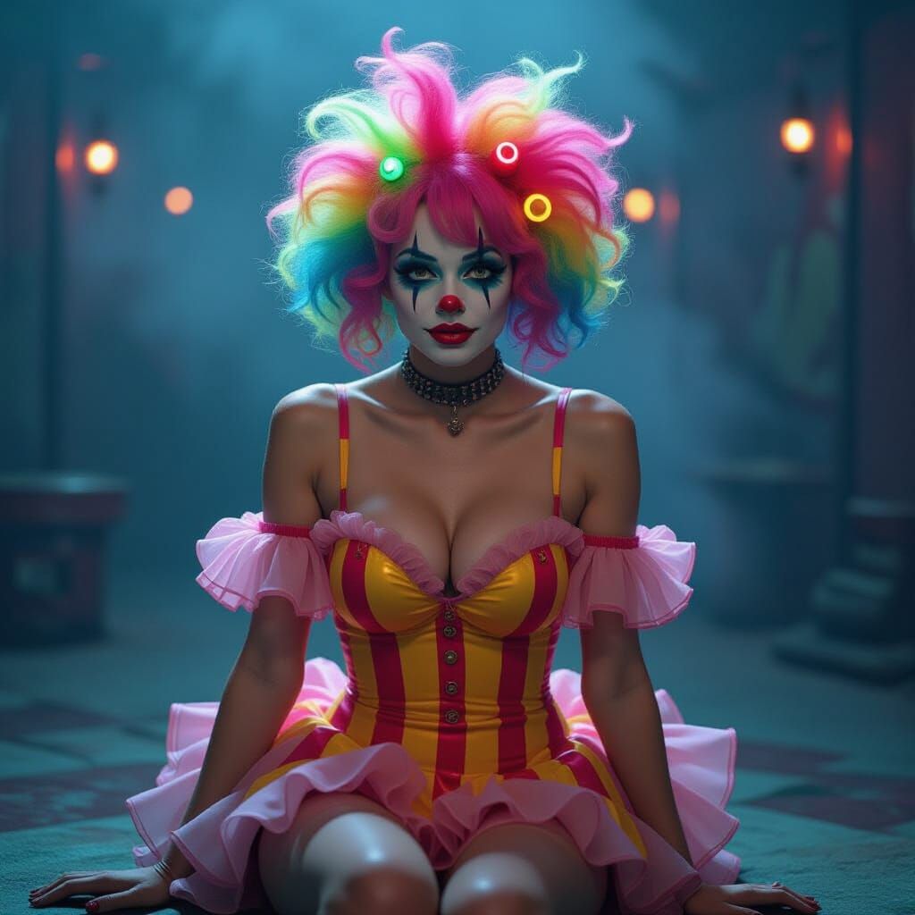 Cyberpunk Clown in Dystopian Circus Tent