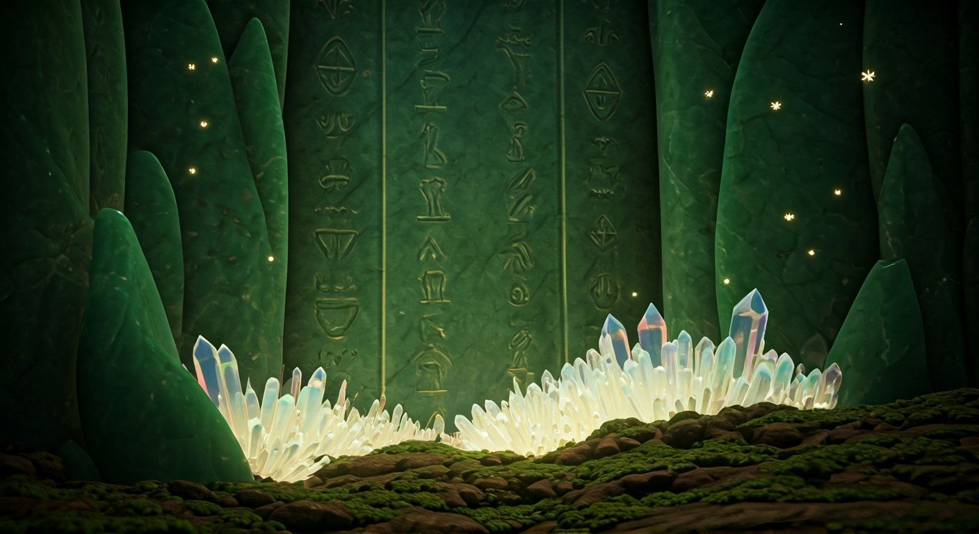 Fairy Hieroglyphics on Jade Walls with Glowing Crystals