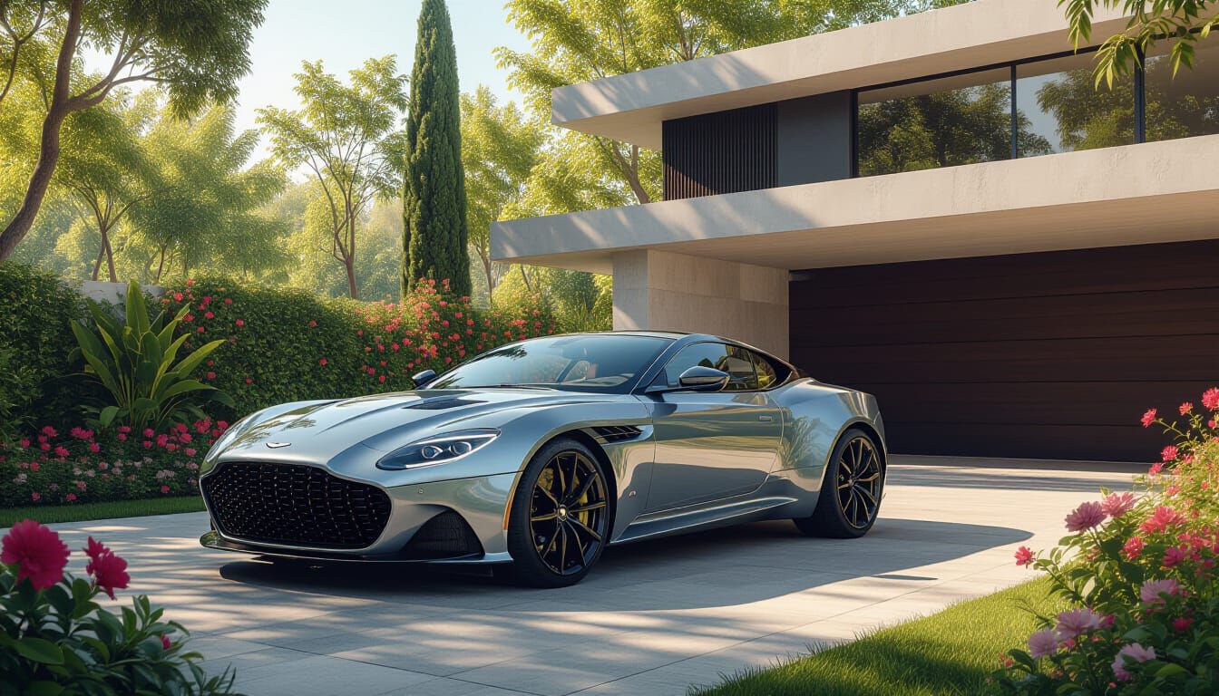 Sleek Aston Martin in a Luxurious Garden Setting