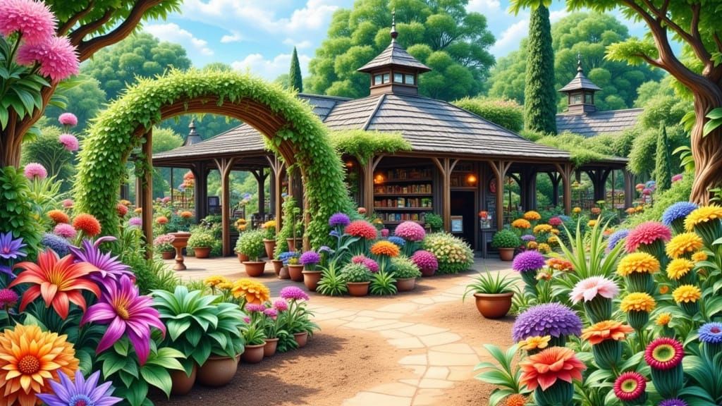 Vibrant Garden Shop Scene with Diverse Plants and Gazebo