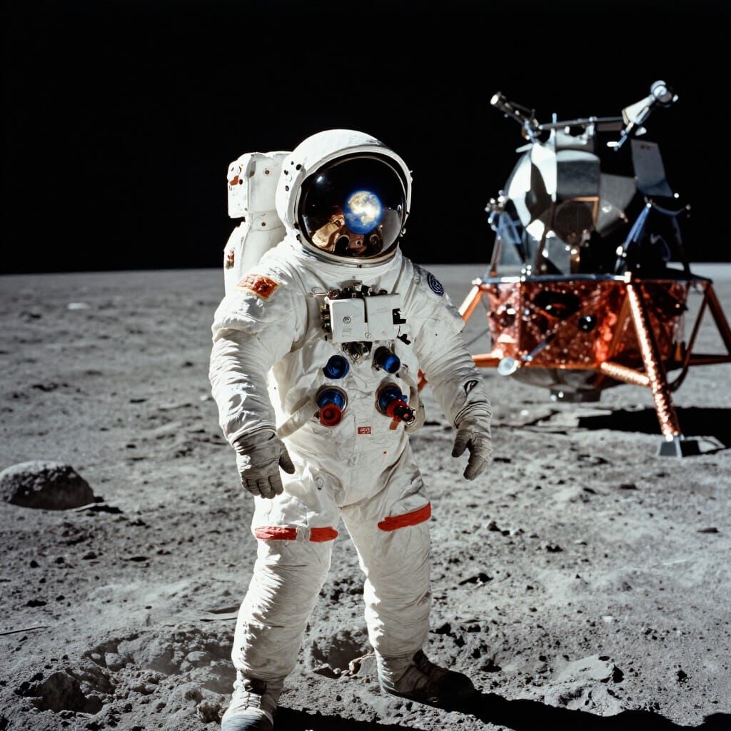 Apollo Astronaut Gazes at Earth from Lunar Surface