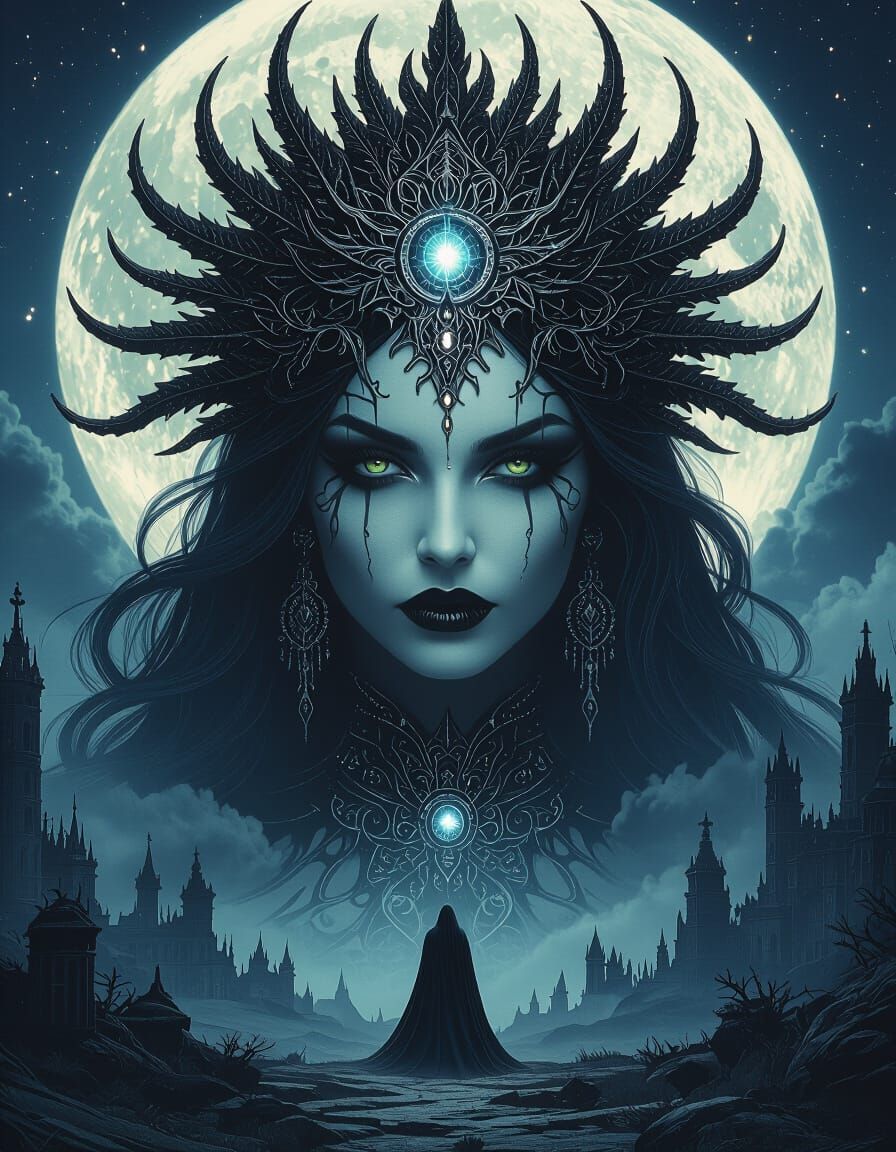 Moonlit Witch Queen Goddess in Gothic Nightmare