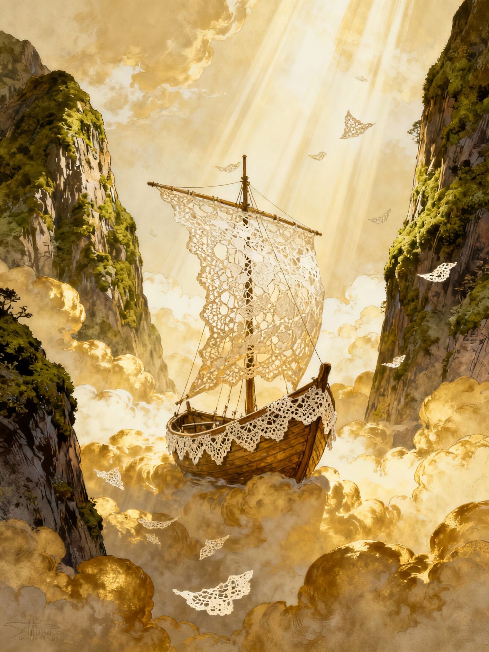 Lace Sailboat in Golden Clouds Between Mossy Mountains