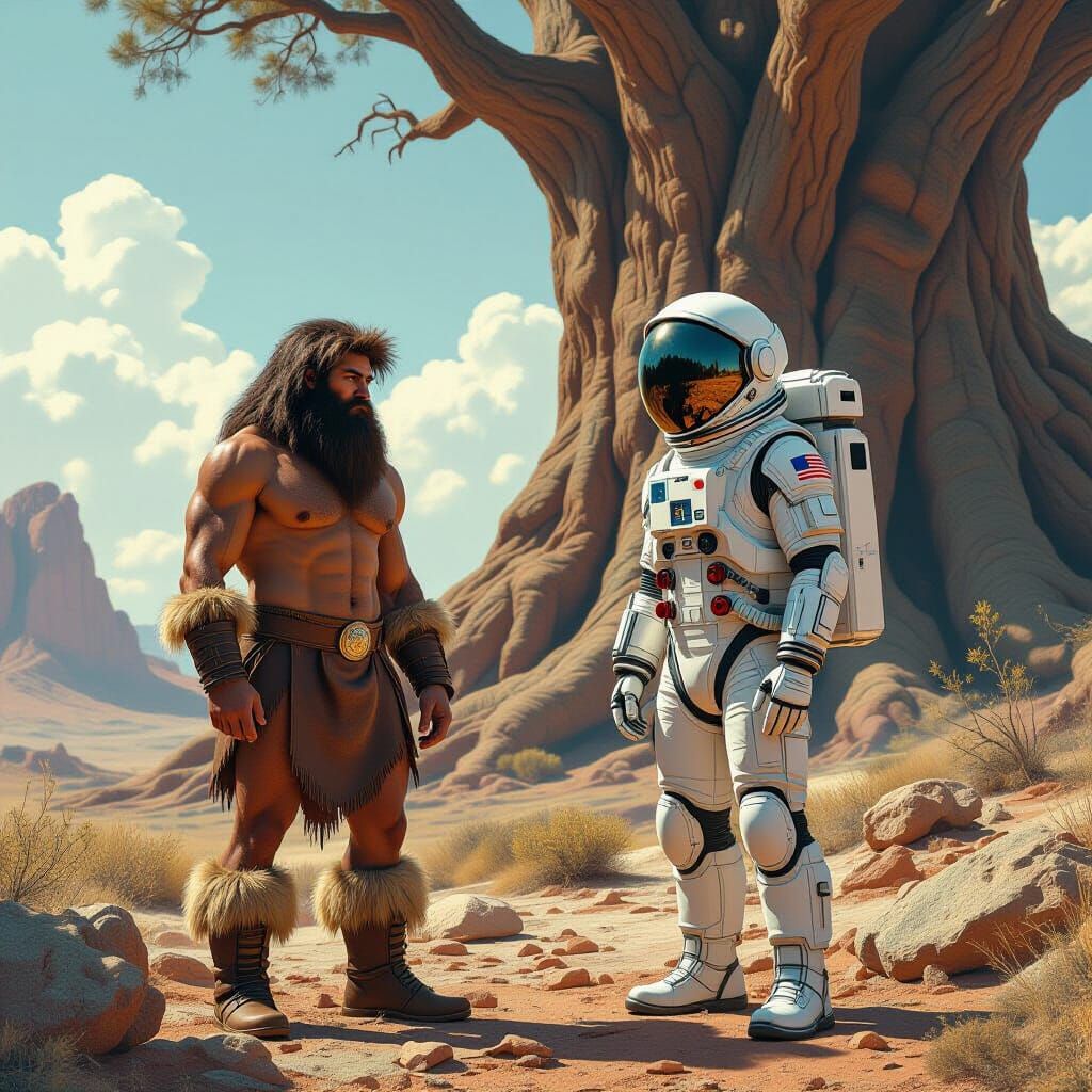 Caveman and Astronaut in Prehistoric Landscape