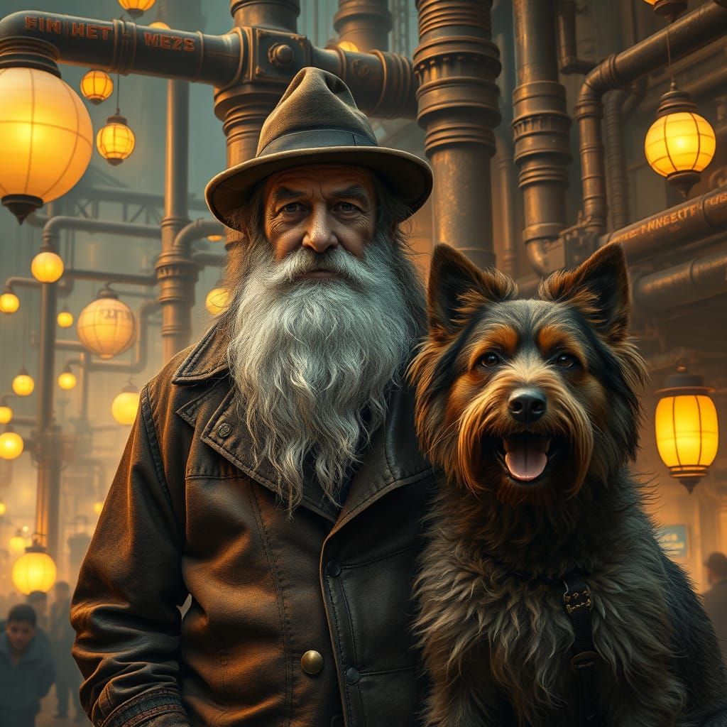 Aetherpunk Elderly Gentleman and Loyal Dog in Whimsical Metr...