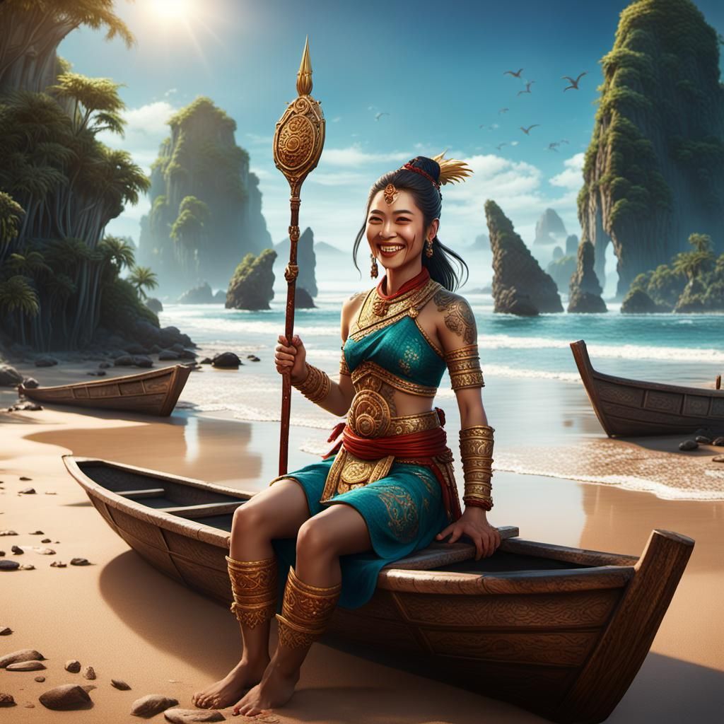Asian Woman Smiling on Sunny Beach as Matte Painting