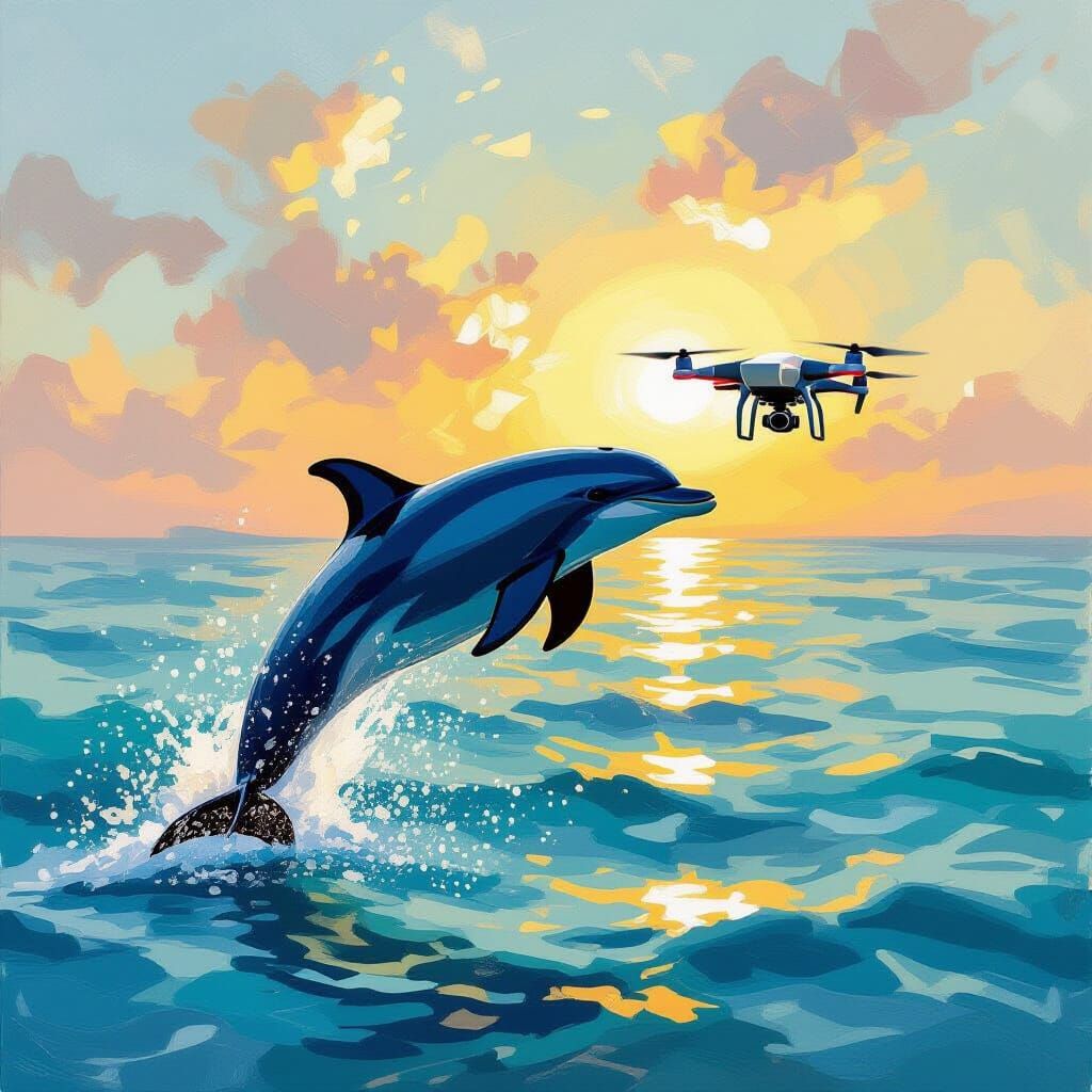 Dolphin and Drone in Turquoise Sea at Dusk, Impressionist St...